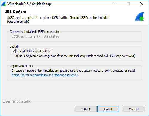 USBPcapのインストール選択画面